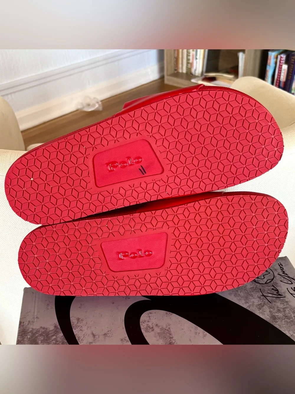 Polo Ralph Lauren Cayson Mens Slides Size 13 Red Navy Blue Spell Out Sandals
